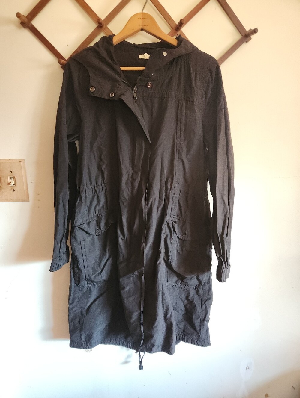 Eileen Fisher Long Line Wind Breaker Jacket Coat Black Organic Cotton Medium
